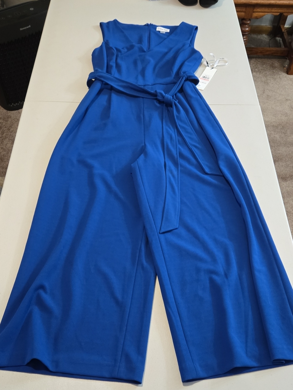 Calvin Klein Sleeveless Wide-Leg Jumpsuit with Tie Waist - Royal Blue